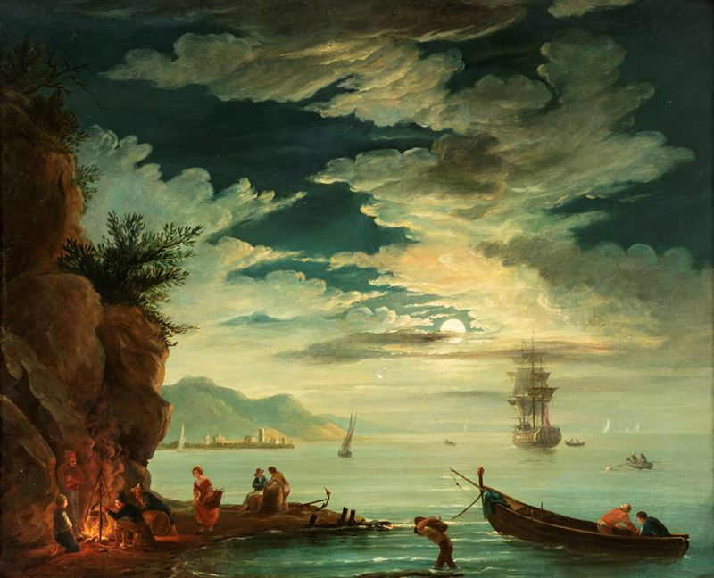 Pittore Francese del XIX Secolo - Sosta di pescatori al chiaro di luna