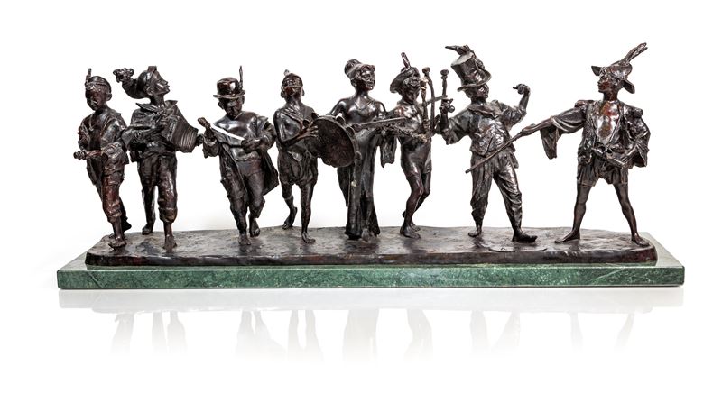 Fonderia Napoletana del XX Secolo - Festa a Piedigrotta - Gruppo in bronzo su base marmo verde