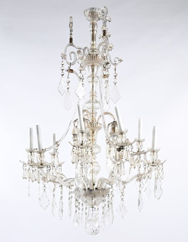 Grande lampadario in vetro incolore a dodici luci, XIX secolo
