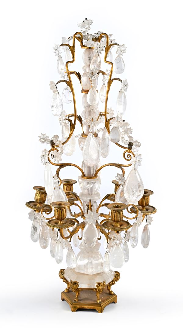 "Girandole" a sei luci in bronzo dorato e cristalli di rocca, fine del XVIII secolo