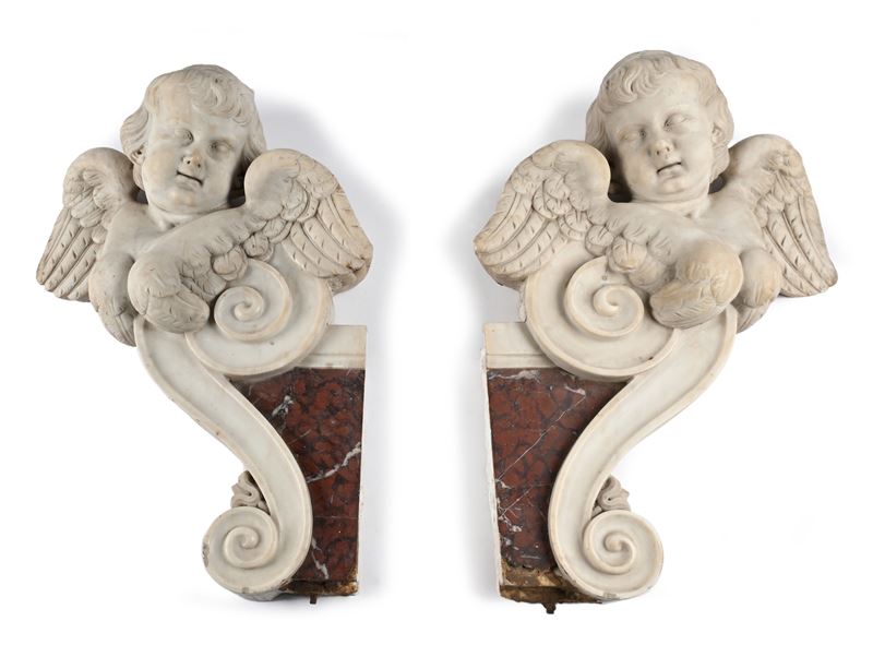 Coppia di Cherubini in Marmo Bianco, XVIII Secolo