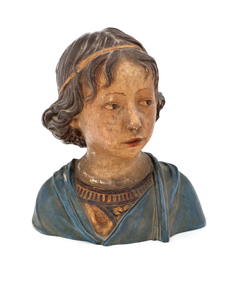 Busto di bambino rinascimentale in terracotta policroma, inizi del XX secolo
