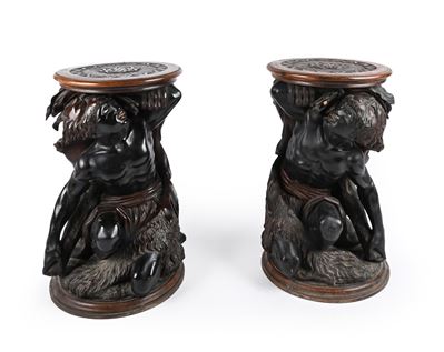 Coppia di Sgabelli Figurati in Legno Scolpito ed Ebanizzato, Venezia, Metà del XIX Secolo