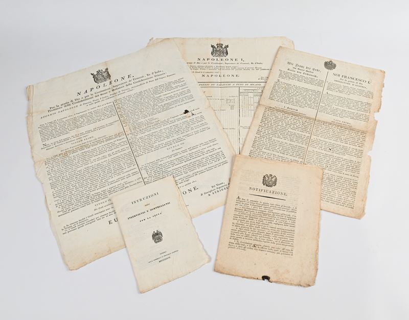 Lotto di 5 notificazioni Napoleone Regno d'Italia e Regno Lombardo Veneto