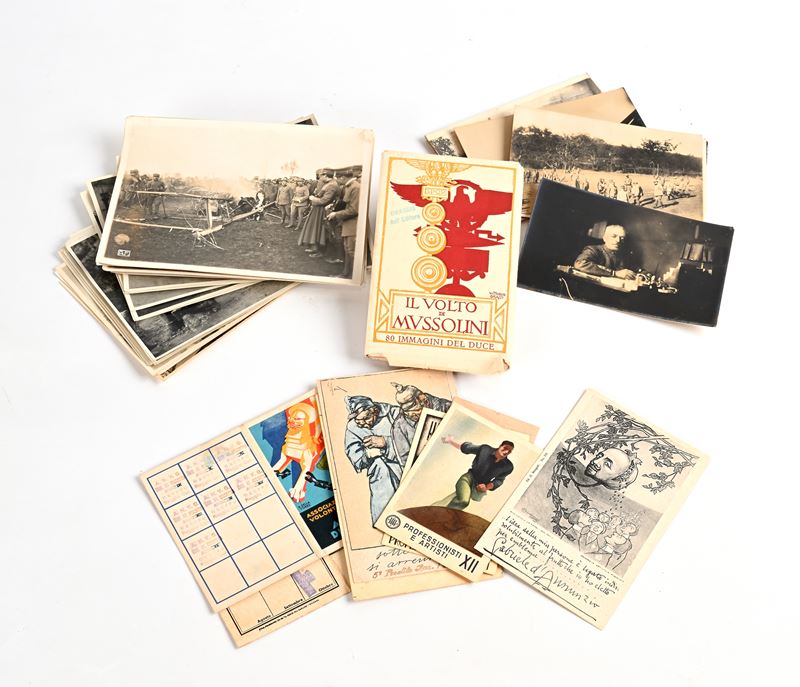 Lotto di cartoline e foto della Ia Guerra Mondiale; cartoline e tessere di epoca fascista