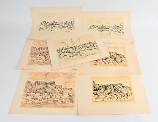 Orfeo Tamburi - Lotto di 7 litografie raffiguranti vedute di Roma firmate dall'autore a matita in basso a destra e numerate in basso a sinistra