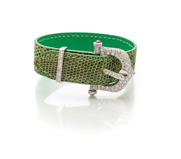 Bracciale con fibbia in oro, brillanti e rubini