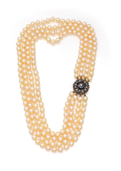 Collana di Perle, Oro, Argento, Diamanti e Zaffiri