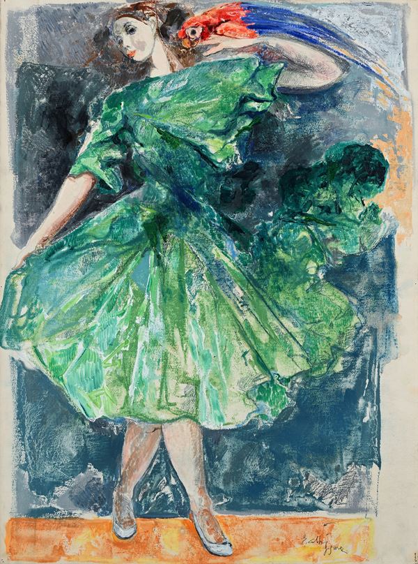 Ennio Calabria - Figura (ragazza con vestito verde e pappagallo)