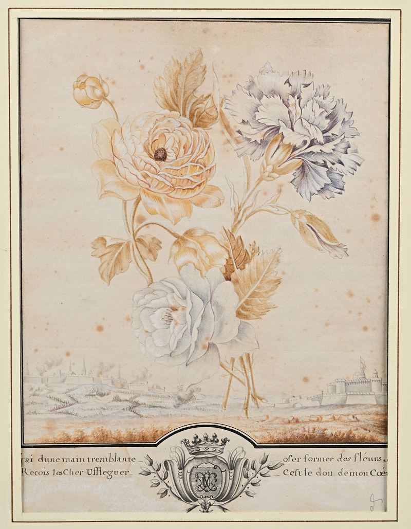 Scuola Francese del XVIII Secolo - Bouquet di Fiori con Veduta di Città