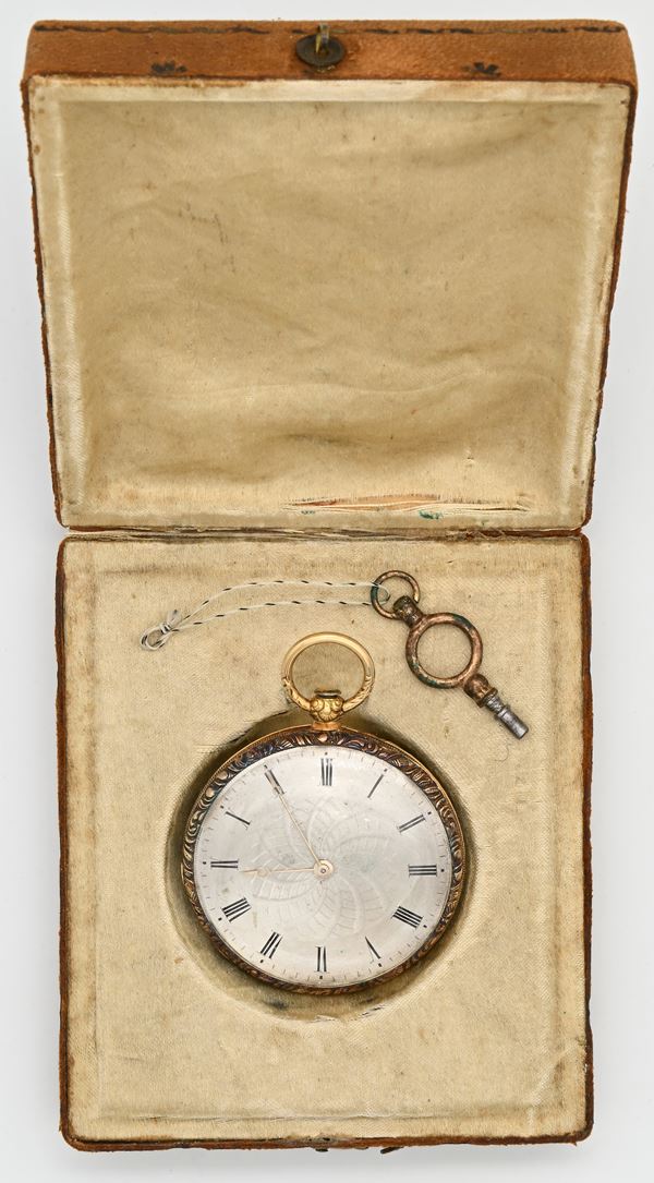Vacheron - Orologio da tasca con scappamento a cilindro e carica a chiavetta da uomo in oro con paesaggio lacustre inciso sulla cassa