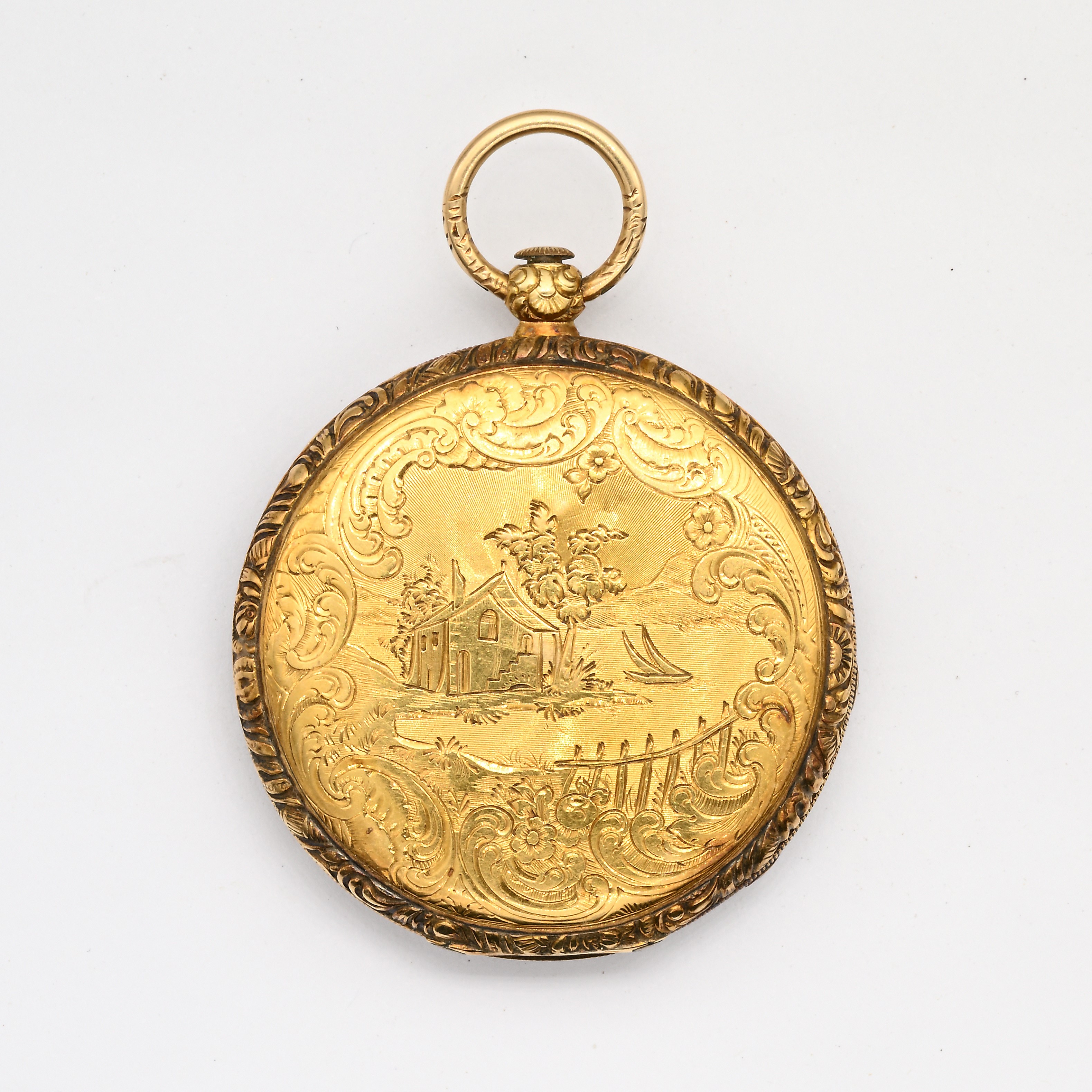Vacheron, Orologio da tasca in oro con scappamento a cilindro, carica a chiavetta e paesaggio lac...