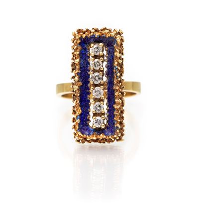 Anello in Oro, Smalto Blu e Brillanti