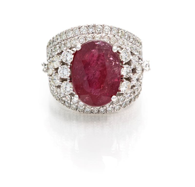Anello a Fascia in Oro, Brillanti e Grande Rubino