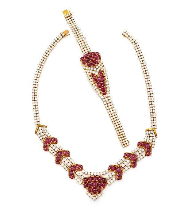 Importante parure di pettorale e bracciale in oro, brillanti e rubini Burma