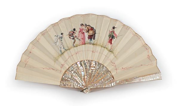 Ventaglio in madreperla con figure in maschera, fine del XIX secolo