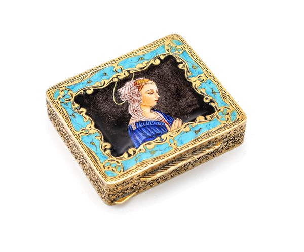 Piccola scatola in argento dorato con miniatura in smalto raffigurante Vergine in preghiera