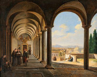 Monaci Benedettini in un Chiostro