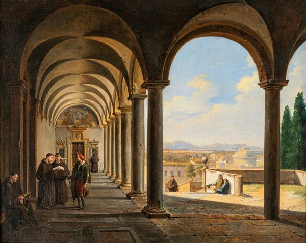 Monaci Benedettini in un Chiostro