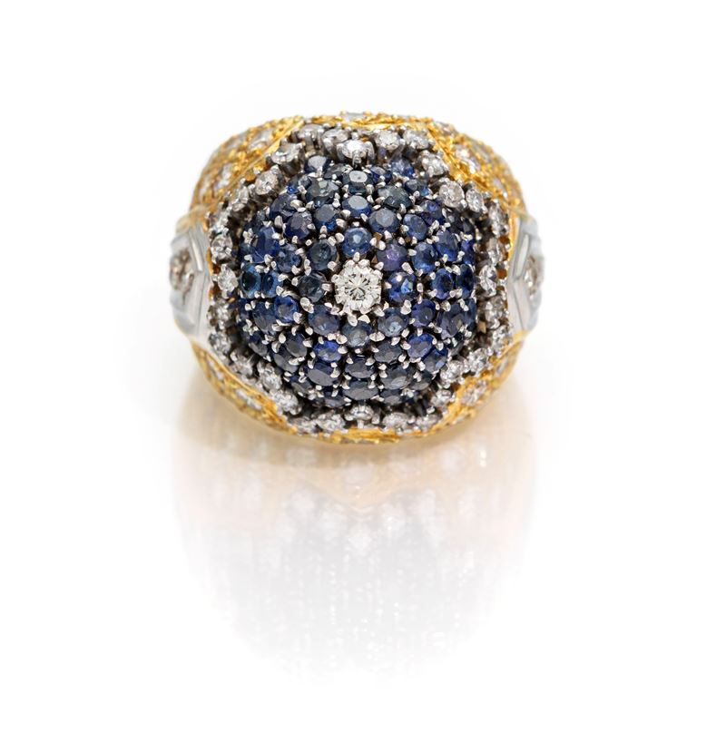 Anello Grande Cupola in Oro, Diamanti e Zaffiri