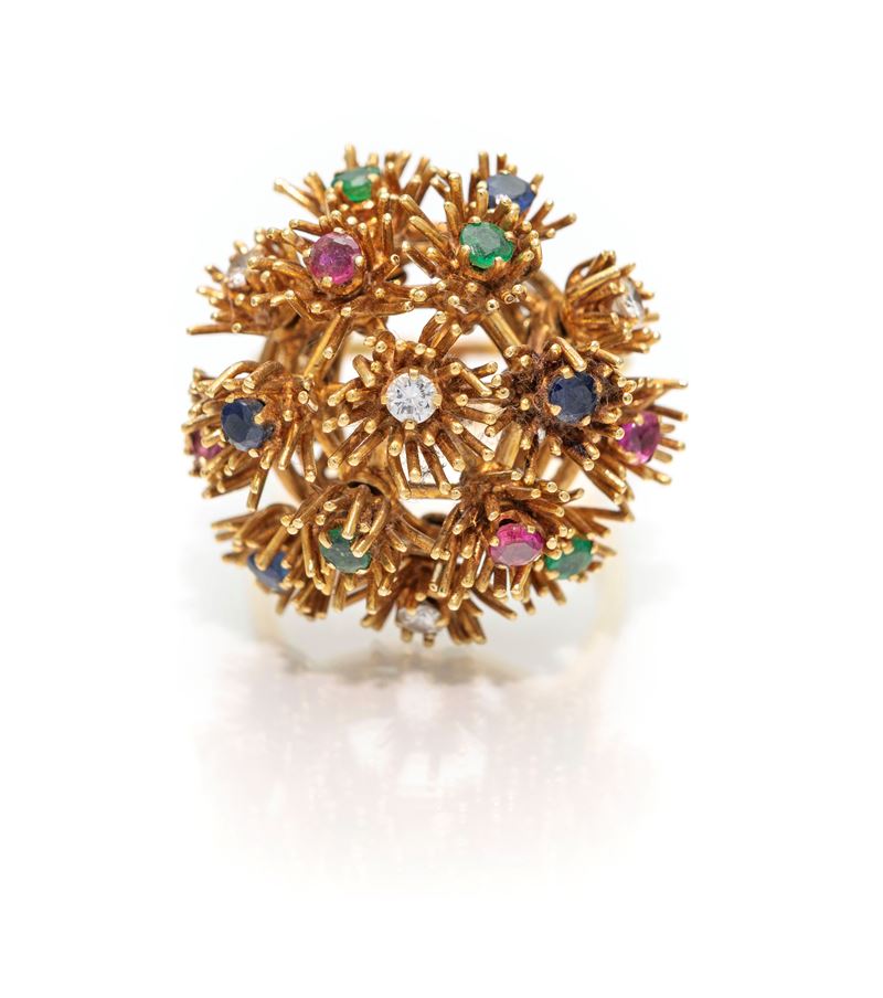 Anello a Fiori in Oro, Rubini, Zaffiri, Smeraldi e Brillanti