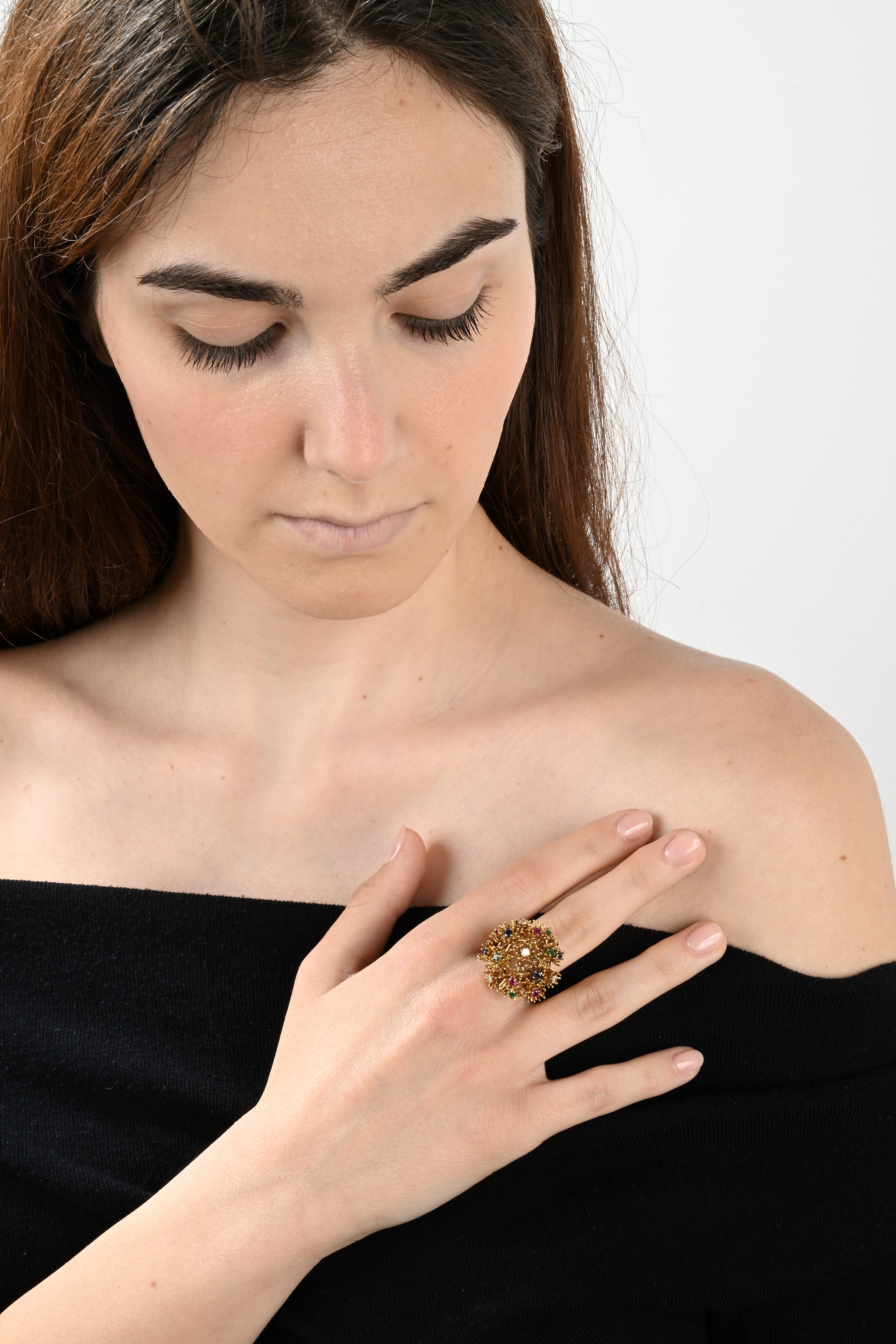 Anello a Fiori in Oro, Rubini, Zaffiri, Smeraldi e Brillanti