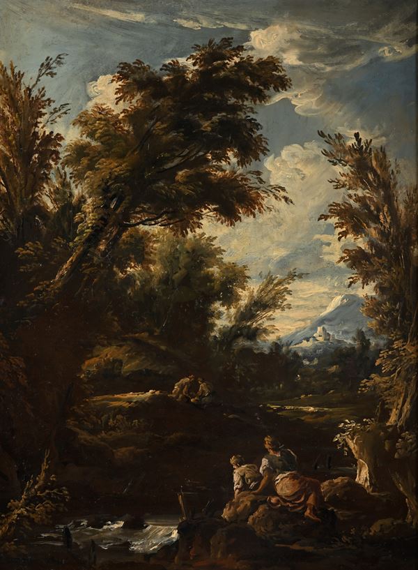 Paesaggio fluviale con personaggi