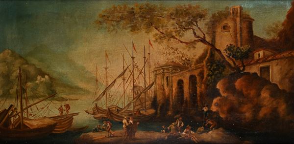 Paesaggio con velieri e figure