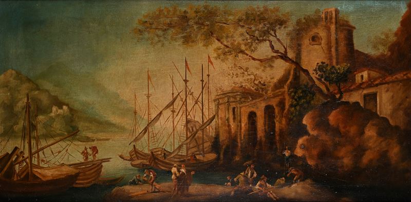Pittore del XIX Secolo - Paesaggio con velieri e figure, olio su tela