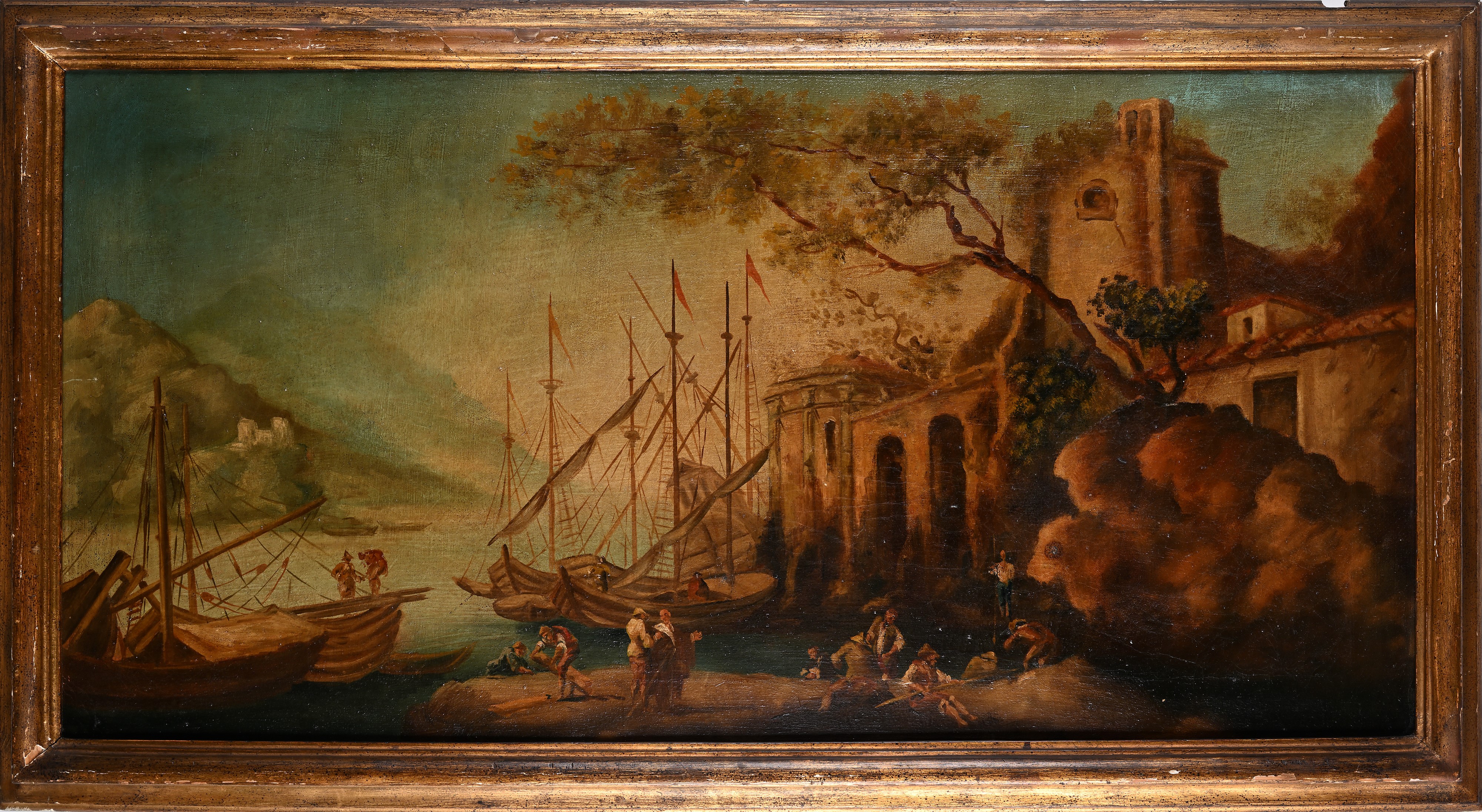 Pittore del XIX Secolo - Paesaggio con velieri e figure, olio su tela