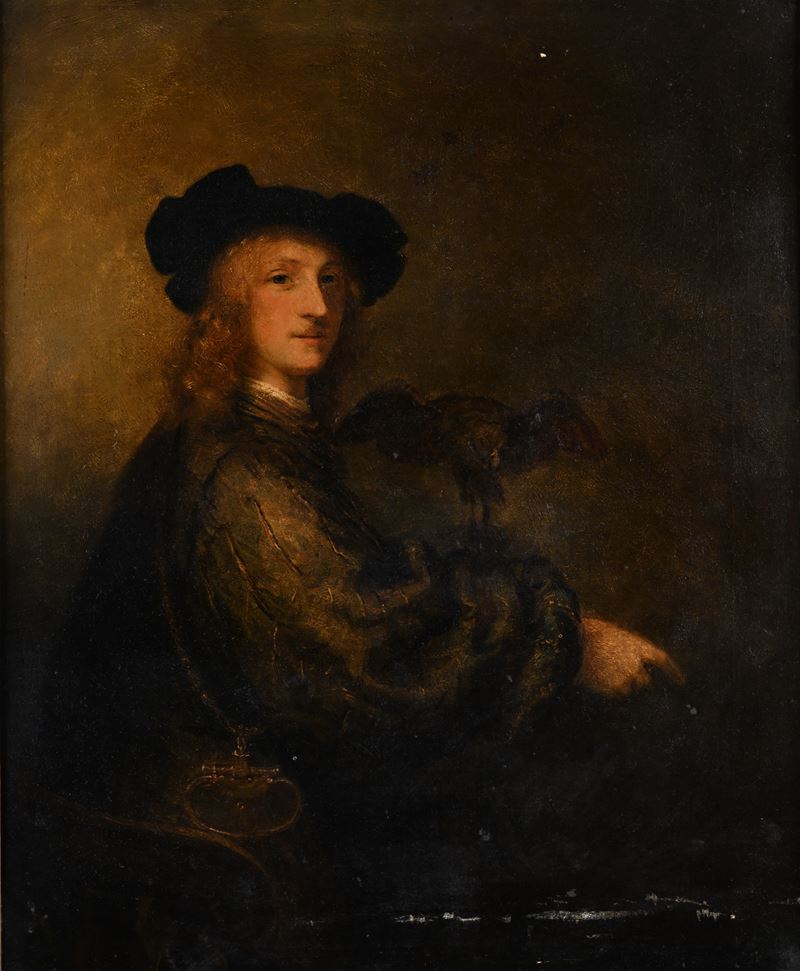 Pittore del XVIII Secolo - Ritratto di nobiluomo falconiere, olio su tela