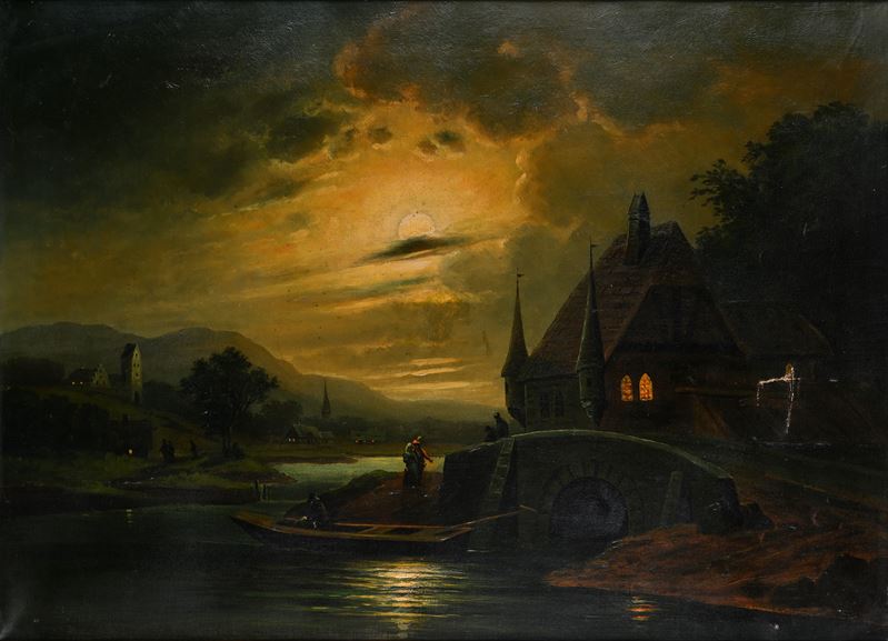 Anonimo del XIX Secolo - Notturno con pellegrini e luna velata, olio su tela