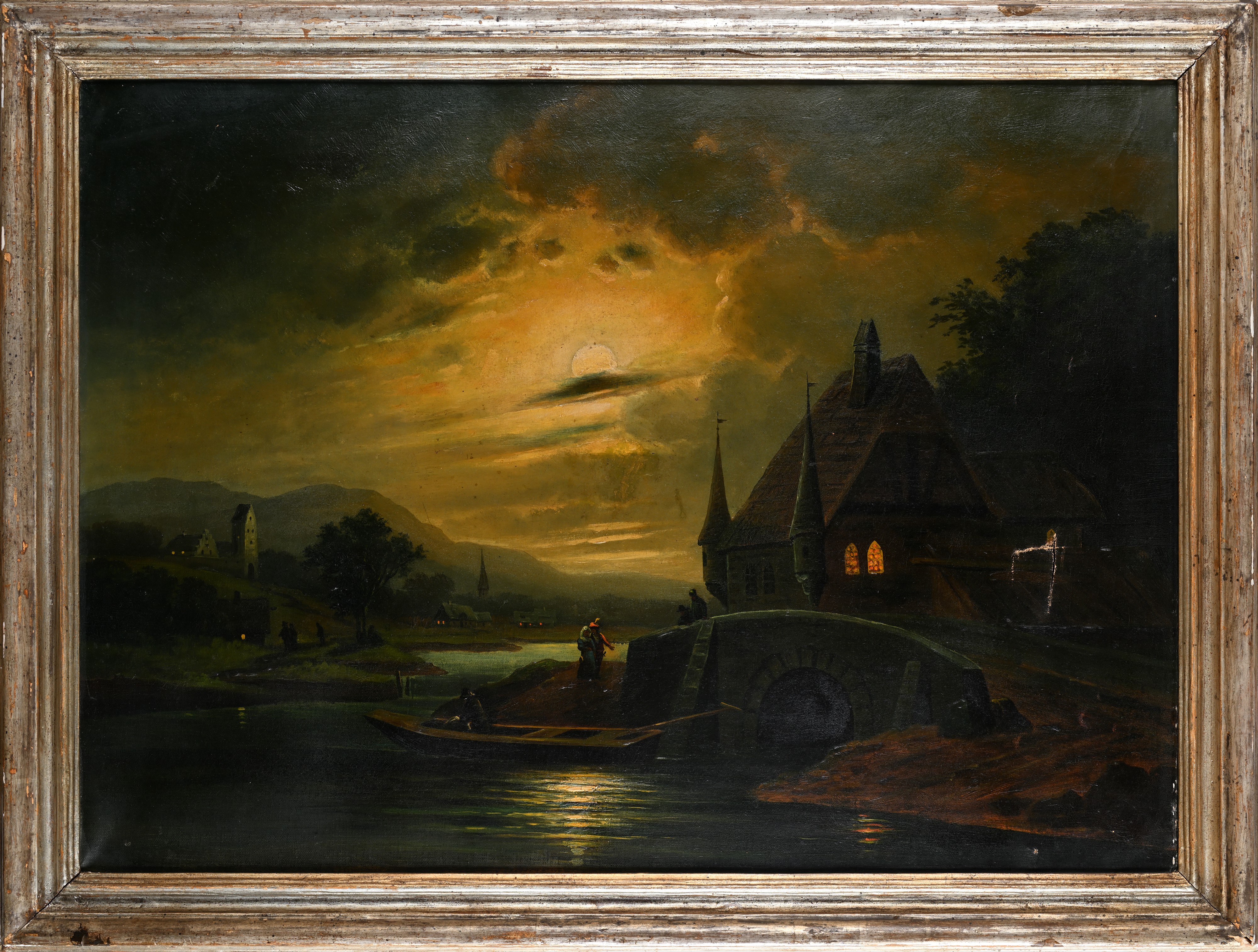 Anonimo del XIX Secolo - Notturno con pellegrini e luna velata, olio su tela