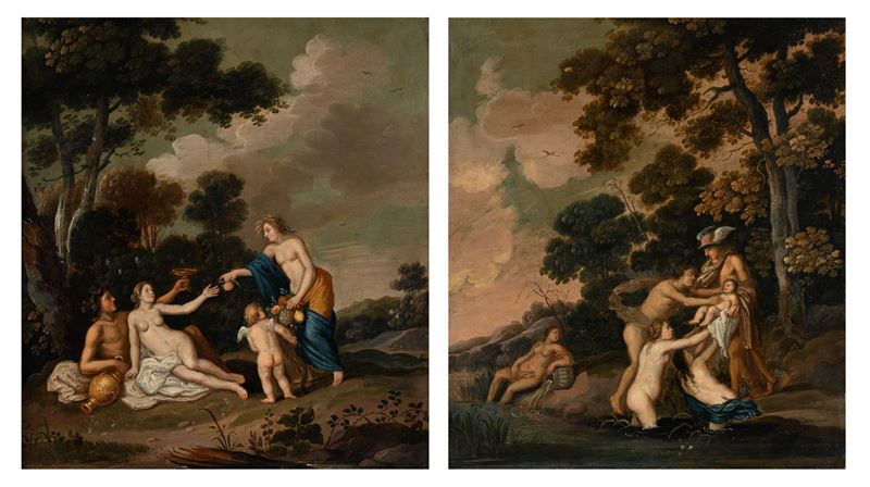 Pittore del XVIII Secolo - Coppia di Olii su Rame con Scene Mitologiche (mercurio)