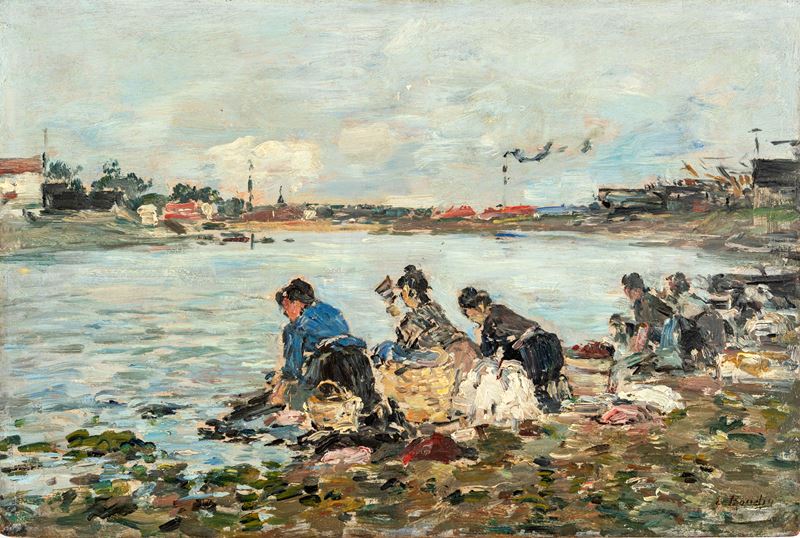 Eugène-louis Boudin - Laveuses au bord de la Touques, olio su tavola