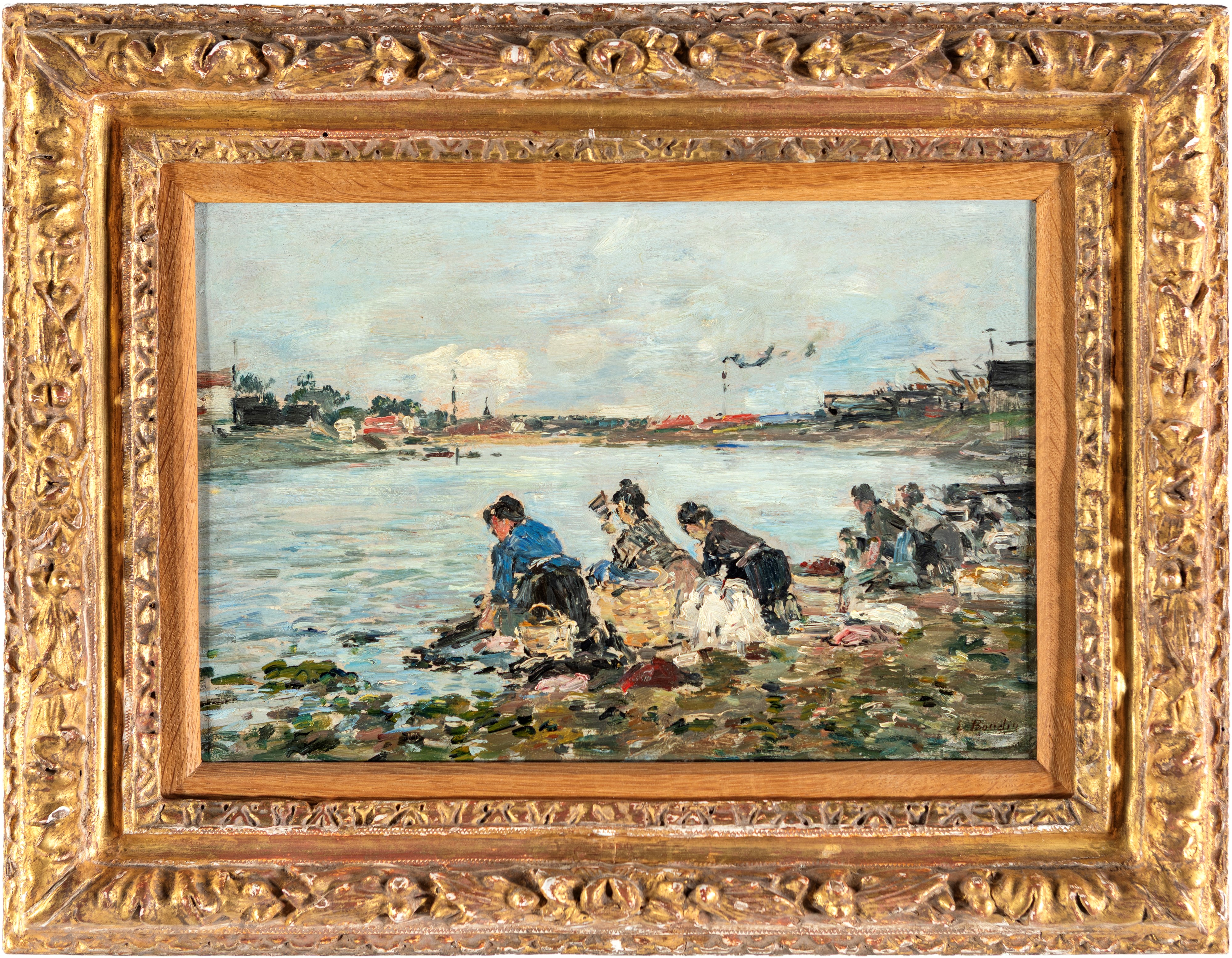 Eugène-louis Boudin - Laveuses au bord de la Touques, olio su tavola
