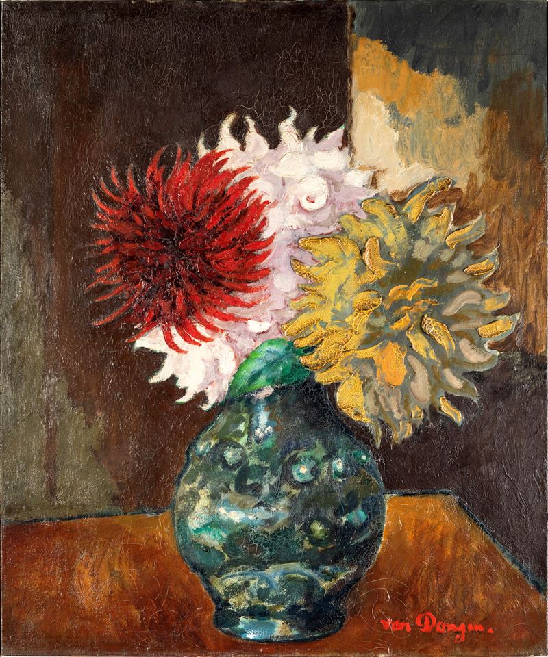 Kees Van Dongen - Vase de dahlias, olio su tela