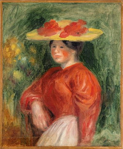Jeune femme au corsage rouge et au chapeau jaune, olio su tela