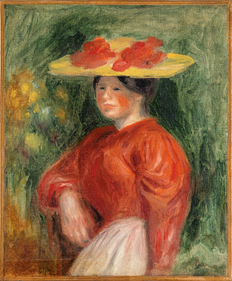 Pierre-auguste Renoir - Jeune femme au corsage rouge et au chapeau jaune, olio su tela