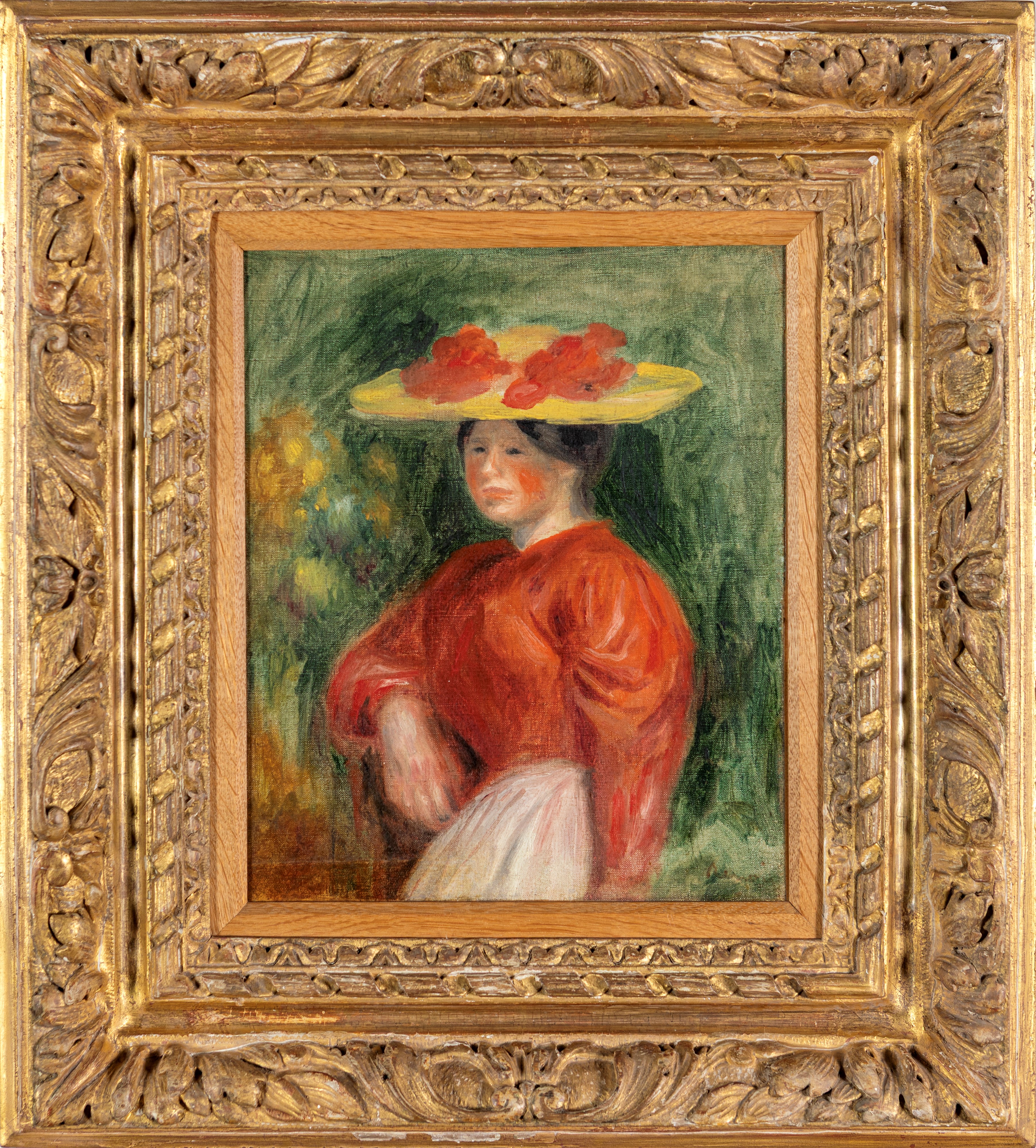 Pierre-auguste Renoir - Jeune femme au corsage rouge et au chapeau jaune, olio su tela