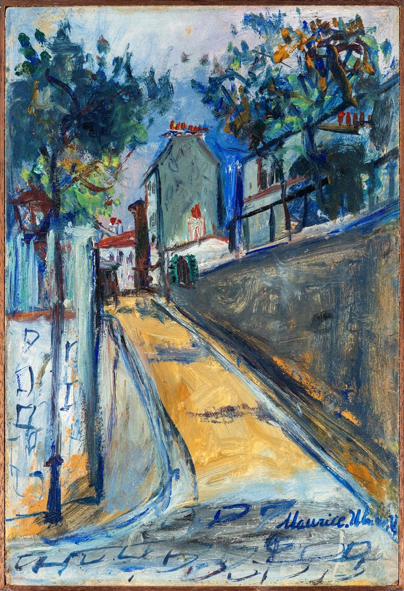 Maurice Utrillo - Rue Norvins, olio su cartone riportato su tavola parchettata