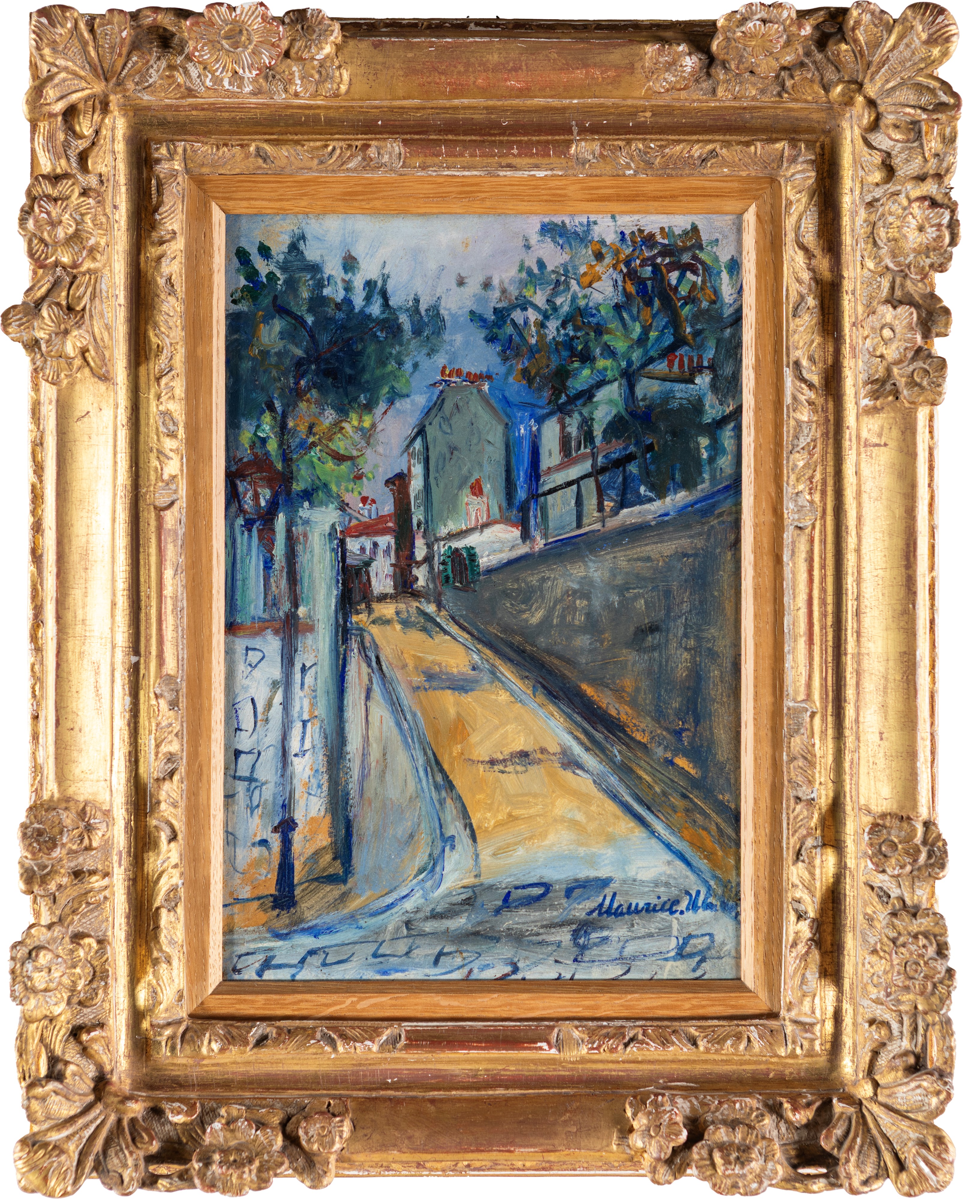Maurice Utrillo - Rue Norvins, olio su cartone riportato su tavola parchettata