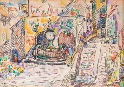 La Place de la Fontaine à Saint-Paul de Vence, carboncino e acquerello su cartoncino