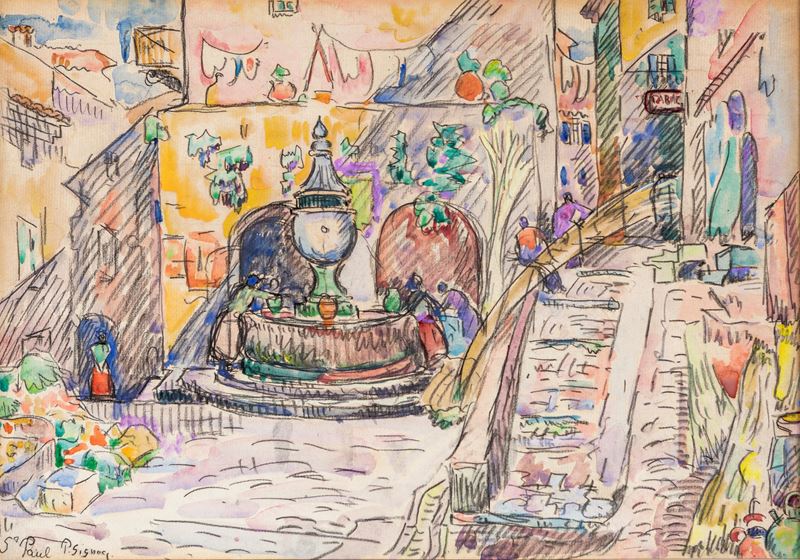 Paul Signac - La Place de la Fontaine à Saint-Paul de Vence, carboncino e acquerello su cartoncin...