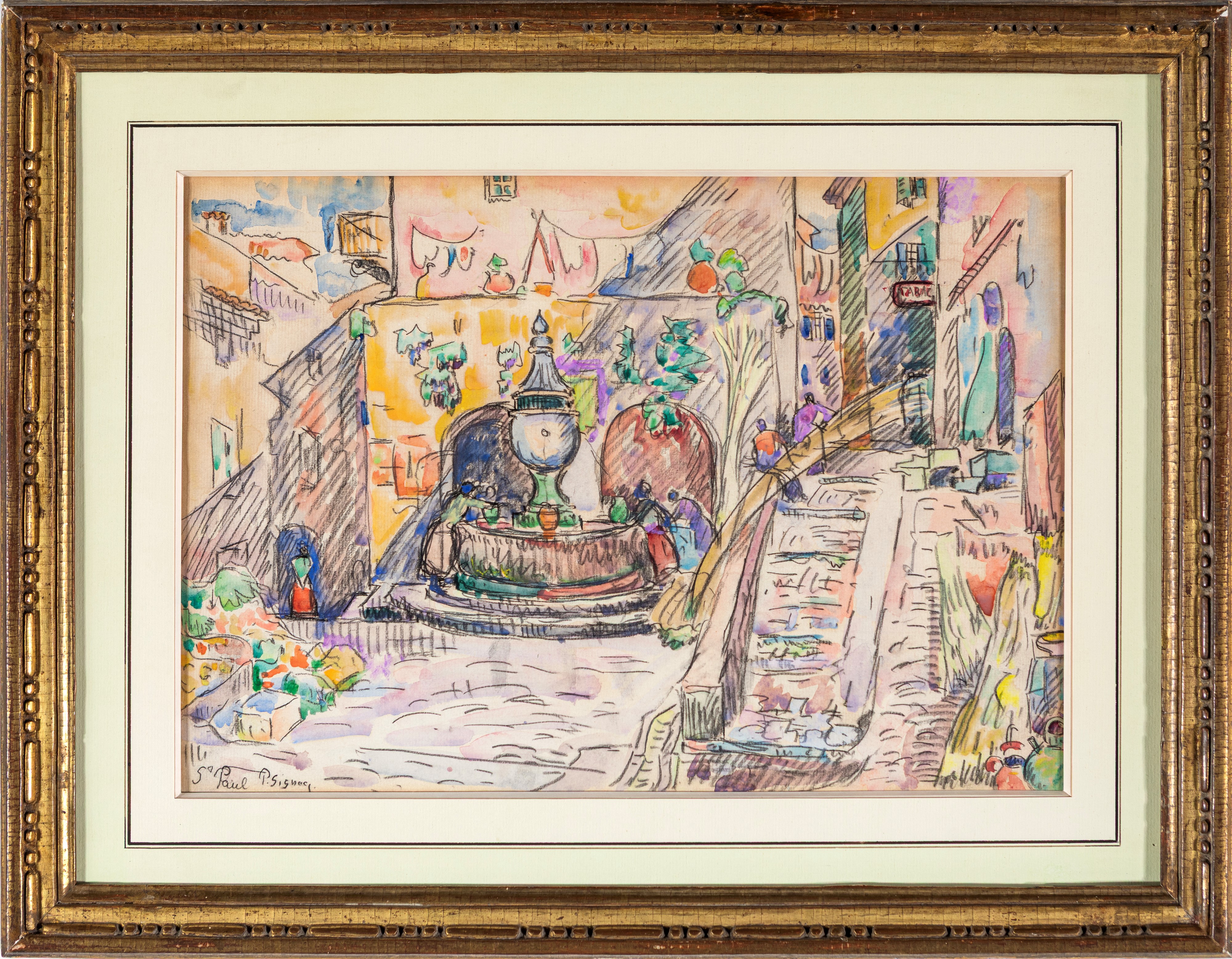 Paul Signac - La Place de la Fontaine à Saint-Paul de Vence, carboncino e acquerello su cartoncin...
