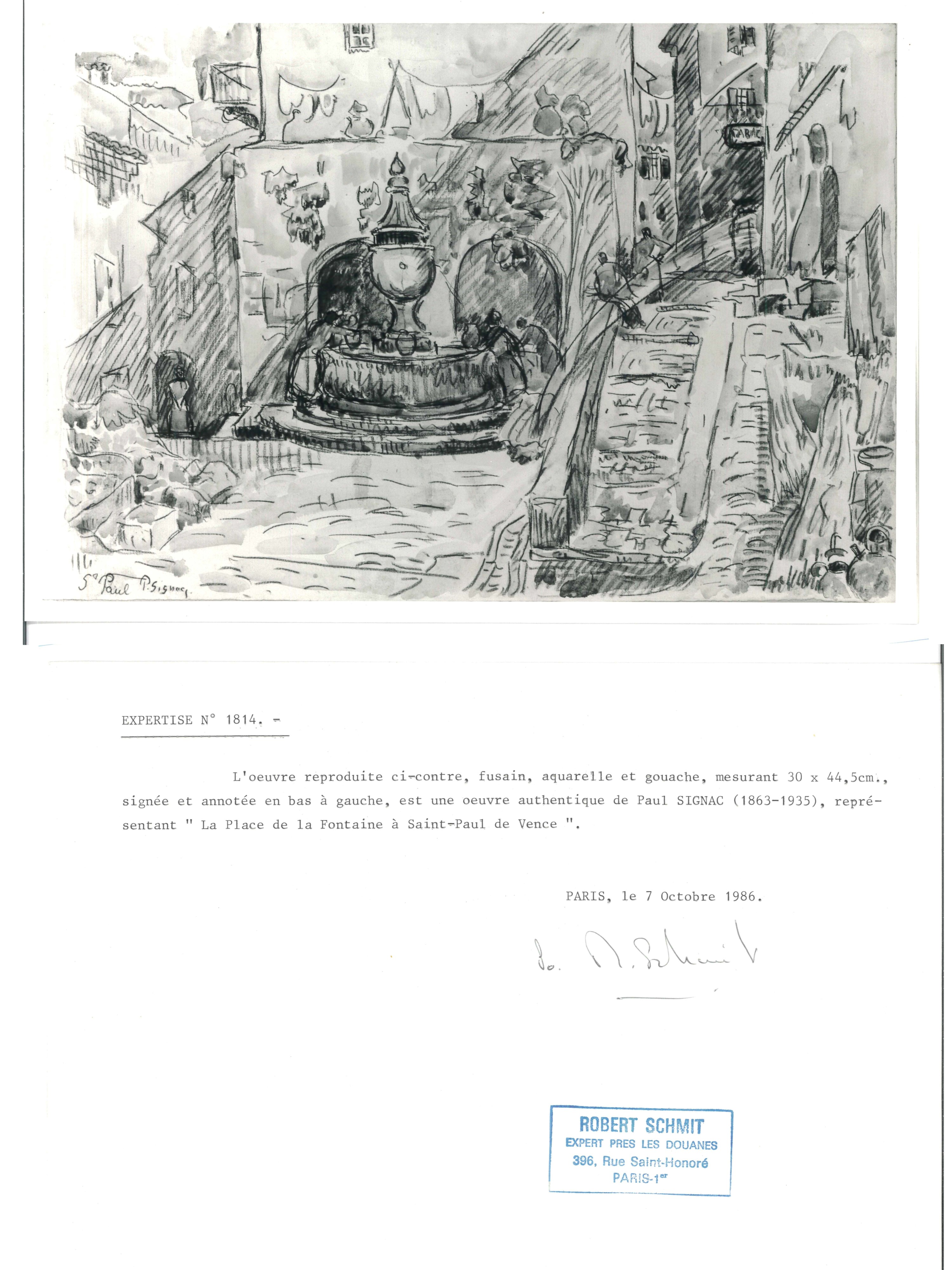 Paul Signac - La Place de la Fontaine à Saint-Paul de Vence, carboncino e acquerello su cartoncin...