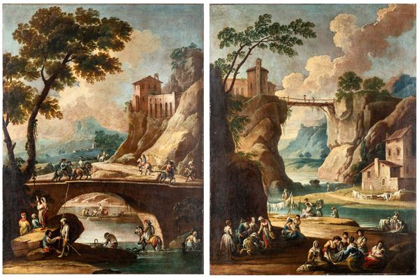 Coppia di paesaggi con figure