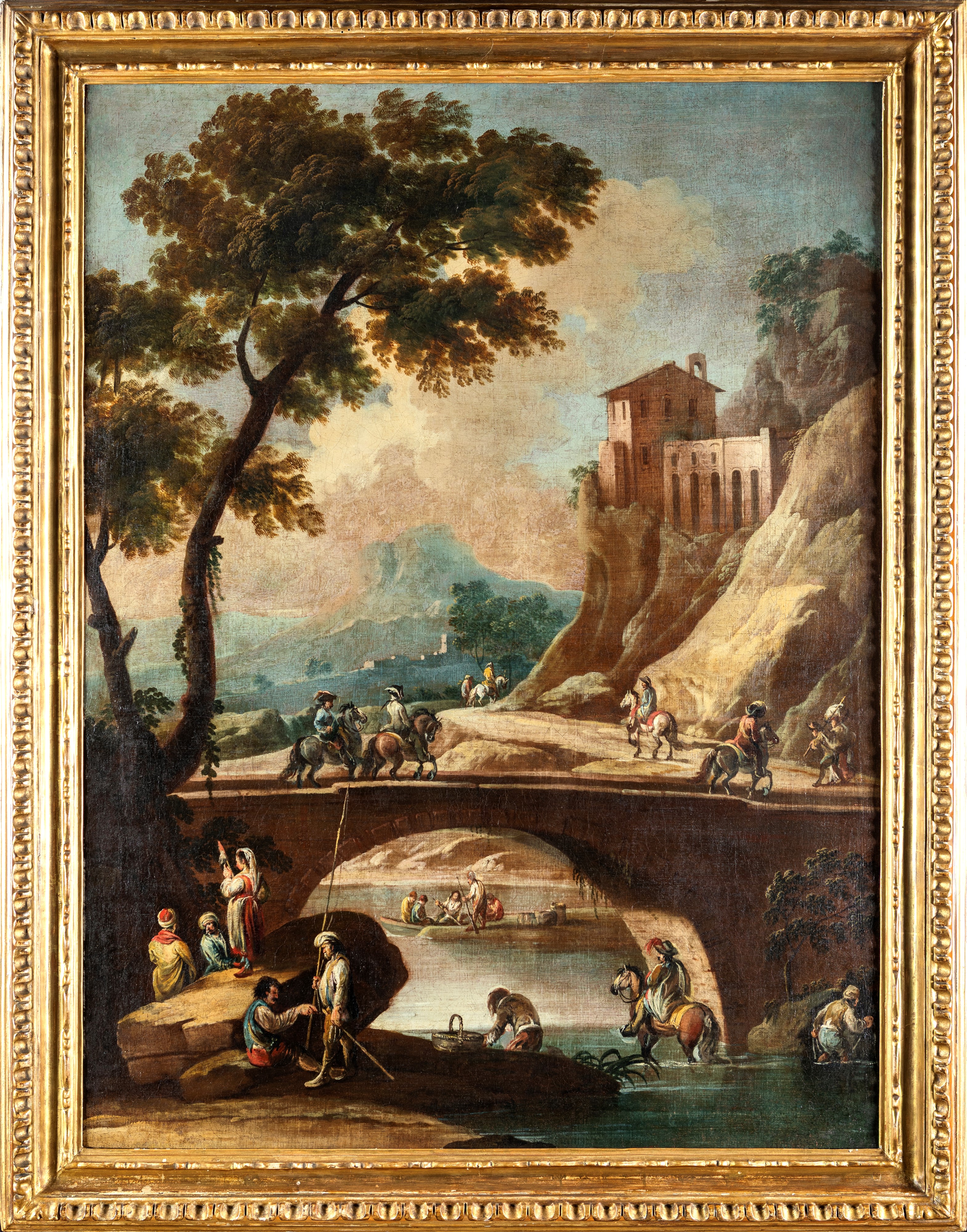 Francesco Simonini - Coppia di paesaggi fluviali con figure, olio su tela