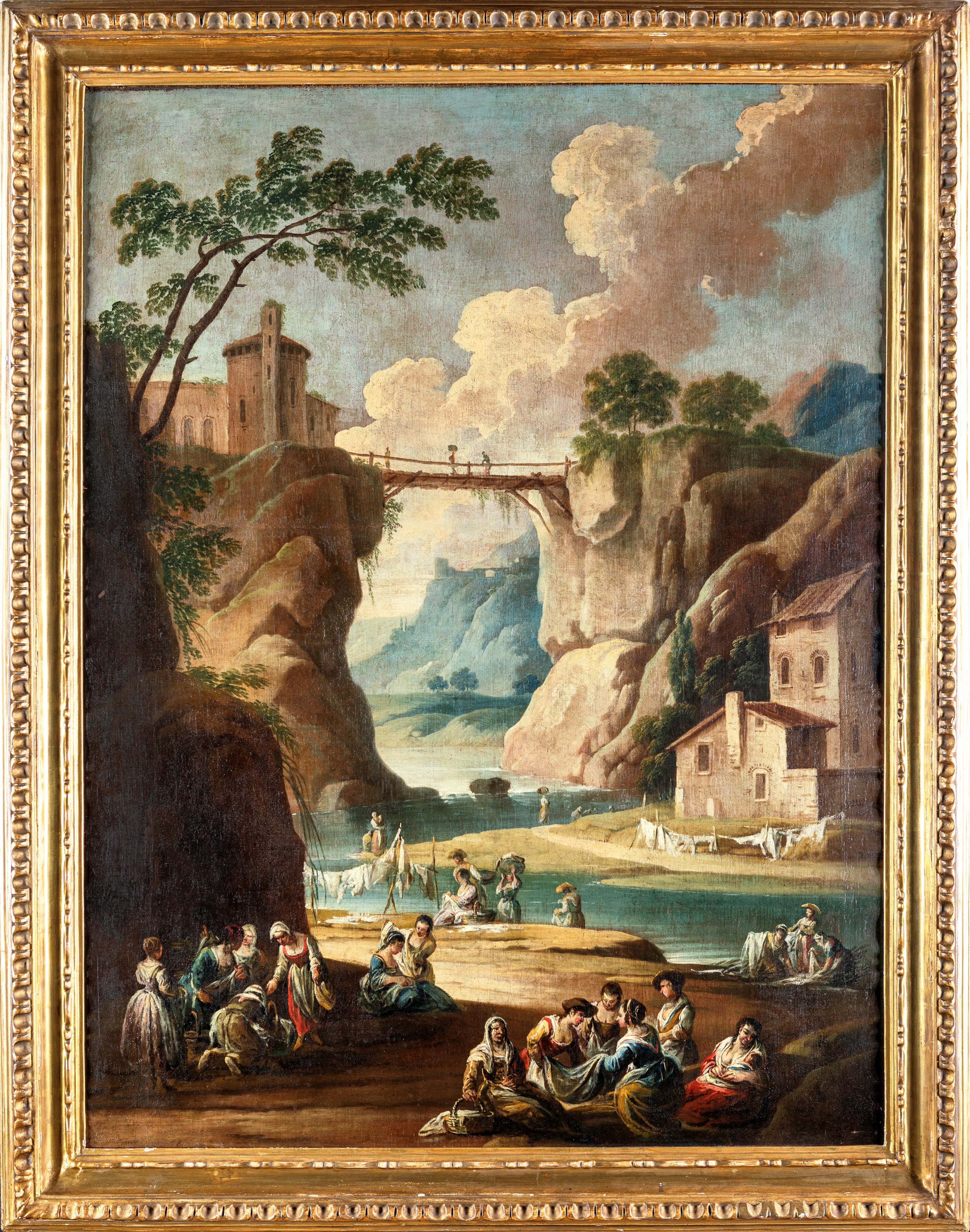 Francesco Simonini - Coppia di paesaggi fluviali con figure, olio su tela