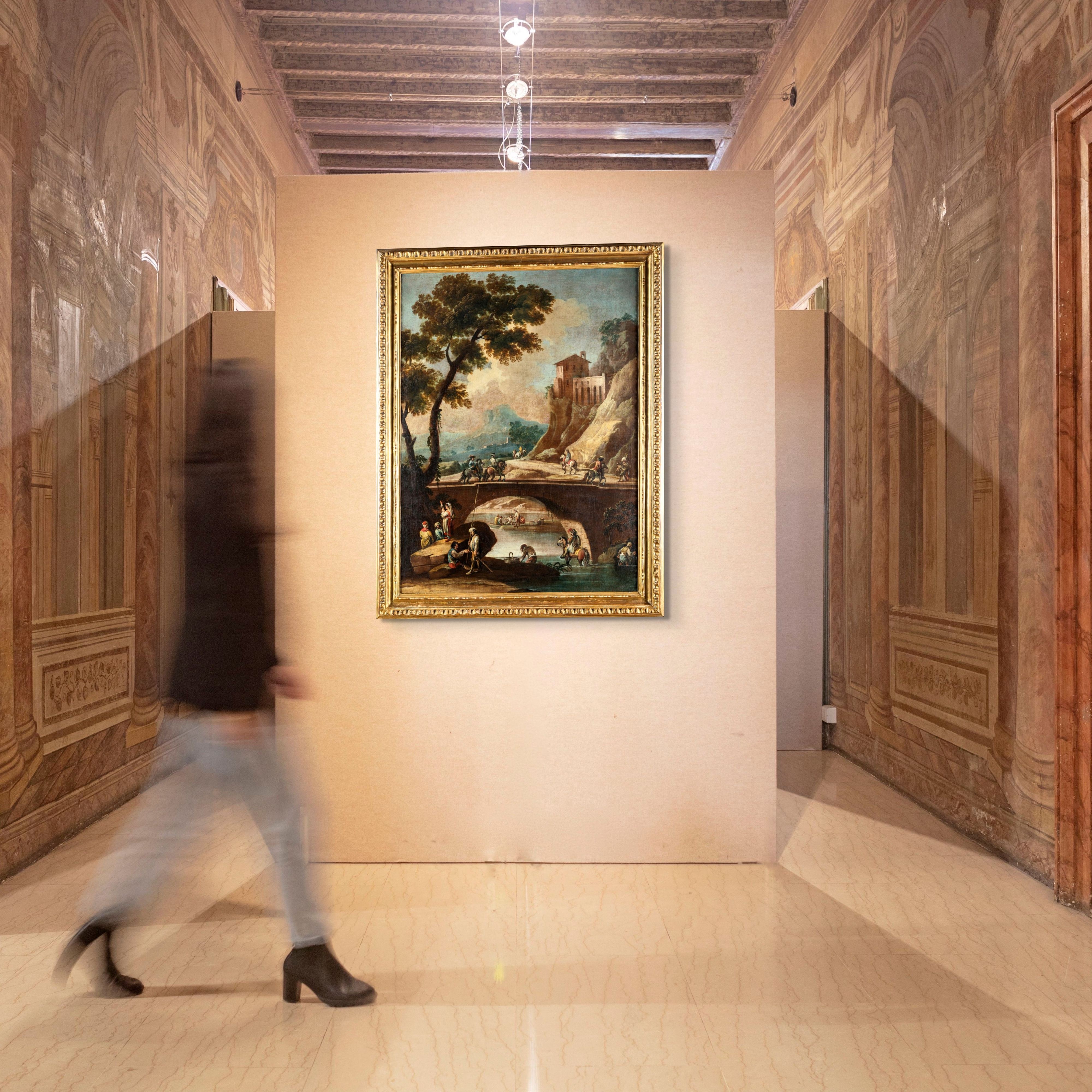 Francesco Simonini - Coppia di paesaggi fluviali con figure, olio su tela